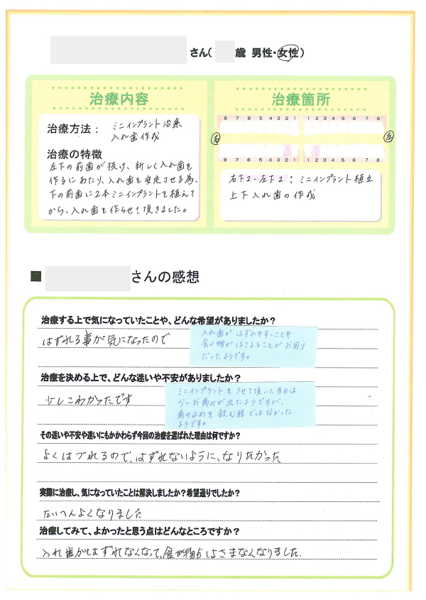 ミニインプラント治療・入れ歯作成_70代・女性